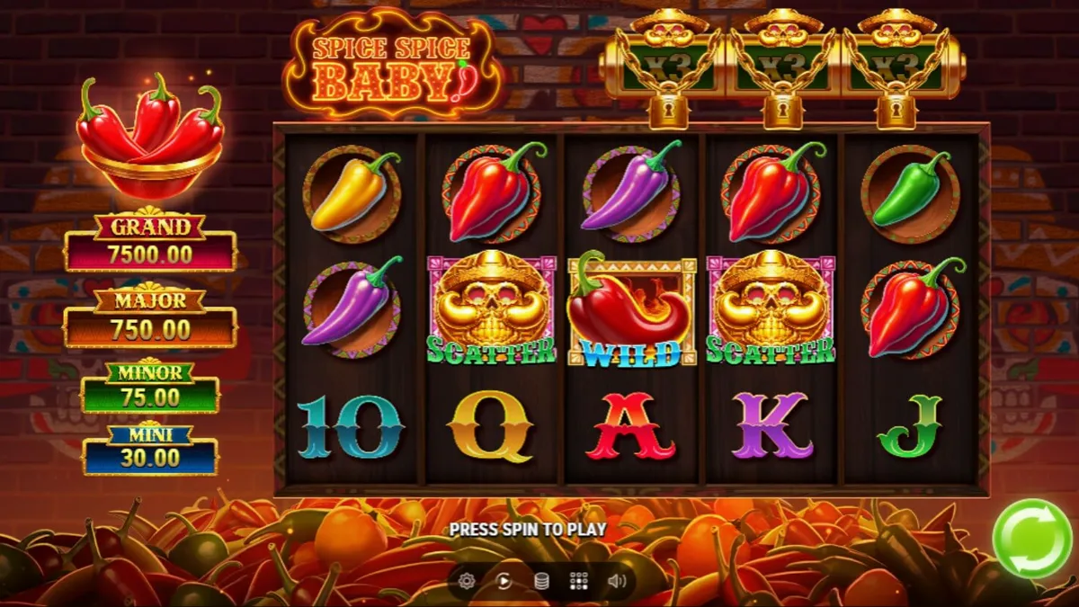 Tampilan visual permainan slot Spice Spice Baby dengan tema cabai Meksiko yang cerah